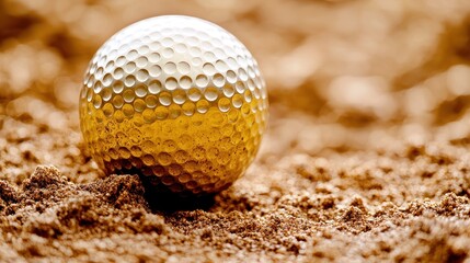 Closeup of a Shiny Gold Golf Ball on Sand