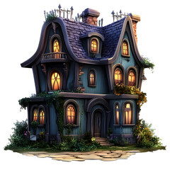 Whimsical Abandoned House with Pumpkin Lanterns and Autumn Decor in Cartoon Style