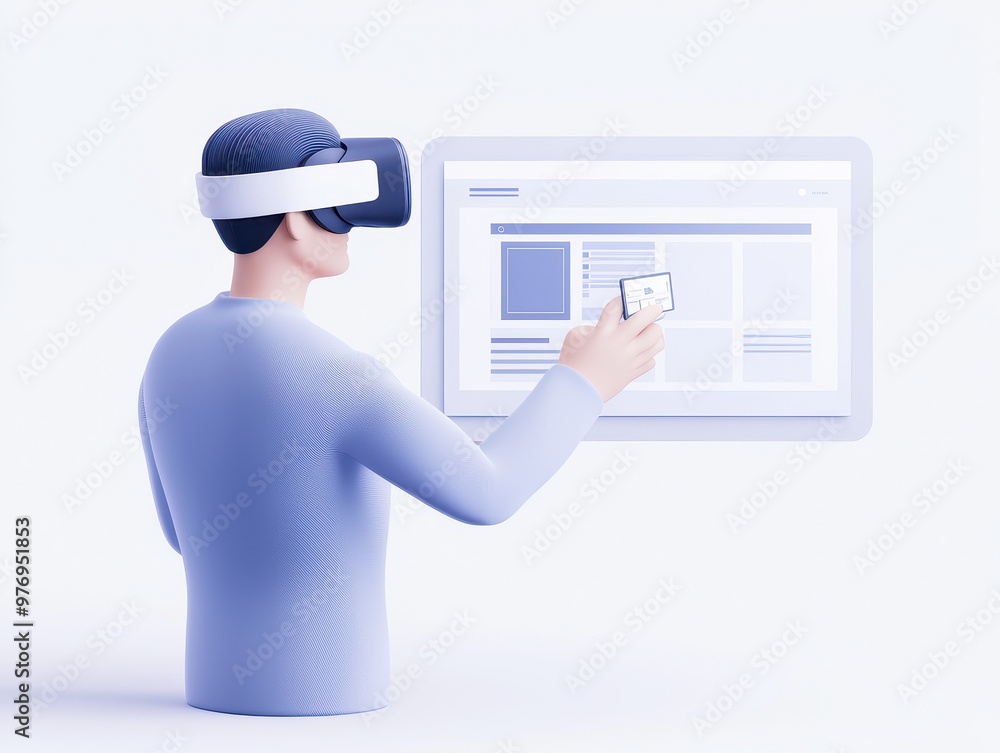 Poster a person interacts with a virtual reality setup, wearing a headset and pointing at a digital screen,