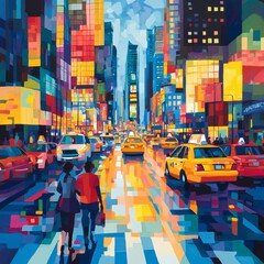 Obraz premium Abstract Cityscape with Yellow Taxis and People Walking