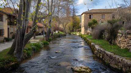 Beautiful stream that flows through a small hill town in a calm environment