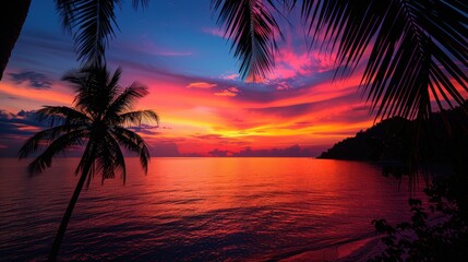 A stunning tropical sunset over a calm sea, with the sky painted in hues of orange, pink, and purple, and palm trees silhouetted against the colorful sky.