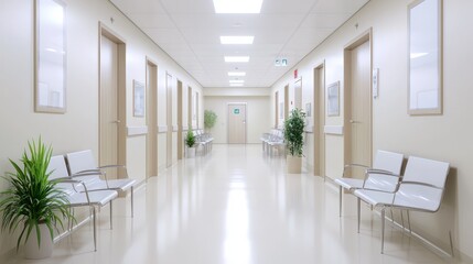 Fototapeta premium Modern Hospital Corridor with White Chairs and Plants