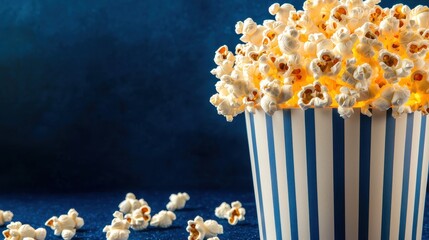 Popcorn in a Blue and White Striped Bucket on a Blue Background