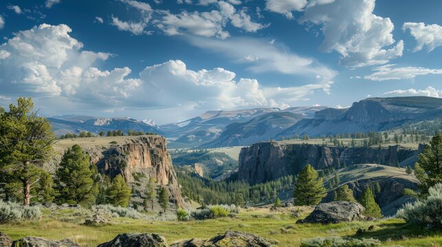A stunning view of Yellowstone National Park's Beartooth Mountains, with their rugged peaks and expansive vistas offering a dramatic backdrop to the park's landscapes