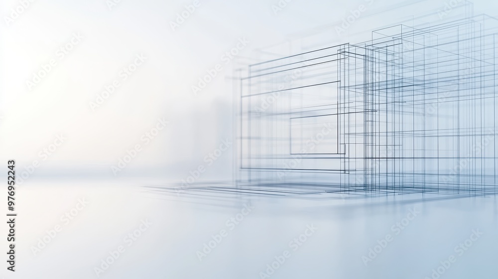 Poster a minimalist blueprint design illustrating architectural elements in a fluid, ethereal environment.