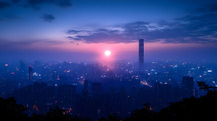 Fototapeta premium A panoramic view of a city skyline at sunrise, with a tall skyscraper silhouetted against the rising sun.