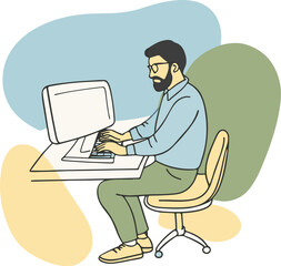 A minimalist illustration of A man is sitting in a chair working on his computer