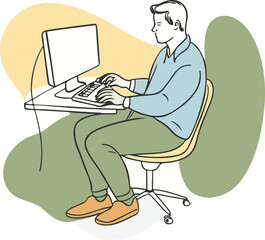 A minimalist illustration of A man is sitting in a chair working on his computer