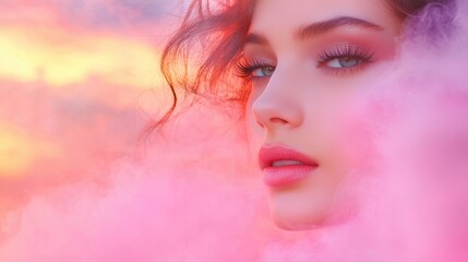 Woman s Eye Makeup with Pink Smoke Effect  Beautiful Close Up Portrait