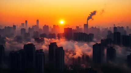 A panoramic view of a city skyline at sunrise, with fog rolling in and the sun peeking through the clouds. The air is hazy with pollution, and the buildings are silhouetted against the orange sky.