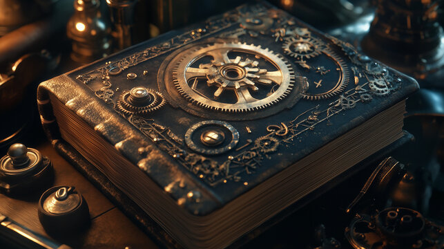 steampunk themed book with gears, cogs, and steam elements
