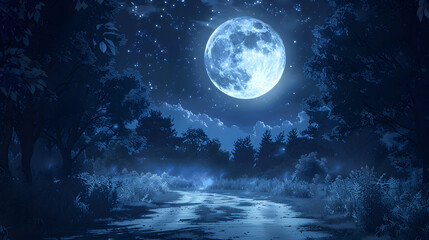Cosmic Solitude: Artwork of the Full Moon and Stars Illuminating the Nocturnal Sky