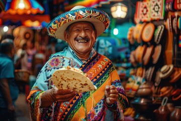 Fototapeta premium A happy Mexican man in traditional costume holds a taco, a tasty street food, in a lively market.