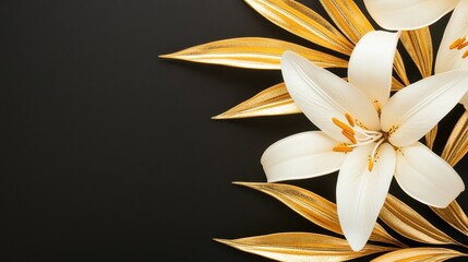 Elegant White Lily with Golden Leaves on Black Background