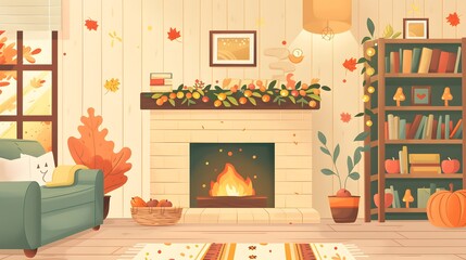 Autumnal Interior Design: Traditional Pumpkin and Fireplace Illustration for Halloween