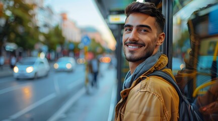 Obraz premium A Photo of an Adult Passenger Standing at a City Bus Stop, Reflecting Urban Life and Travel Experience