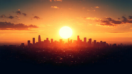 Fototapeta premium A panoramic view of a city skyline at sunset with a large, bright sun in the center of the frame. The buildings are silhouetted against the orange and yellow sky.