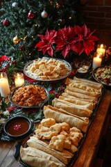 A table set with traditional Mexican food for a Posada, including tamales and ponche, with festive decorations like poinsettias and candles around