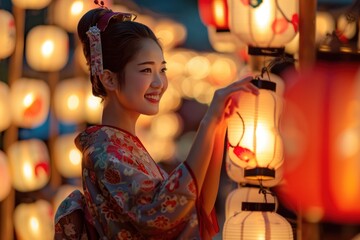 Obraz premium A smiling young woman in a traditional kimono holds a beautifully glowing lantern on the street during the Obon festival.