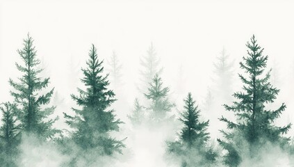 Obraz premium Watercolor Painting of Pine Trees Shrouded in Fog. Serene and Atmospheric Natural Scene Background
