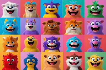 Fototapeta premium Vibrant 3D Render Gallery of Cheerful Playful Furry Creatures in Comic Style