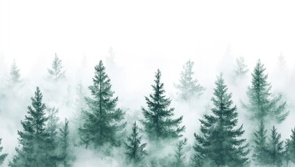 Watercolor Painting of Pine Trees Shrouded in Fog. Serene and Atmospheric Natural Scene Background