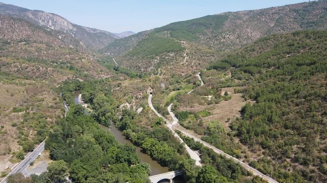 Aerial view of Struma River passing through the Kresna Gorge, Bulgaria