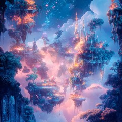 Fototapeta premium Fantasy Floating Island Cityscape with Magical Lights and Stars