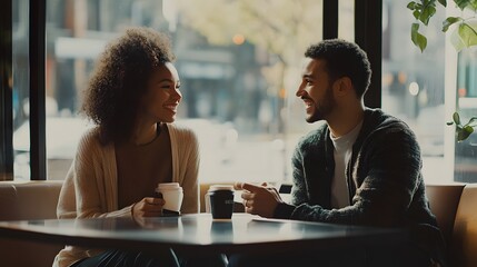 A Couple Enjoying Coffee and Conversation at a Cafe