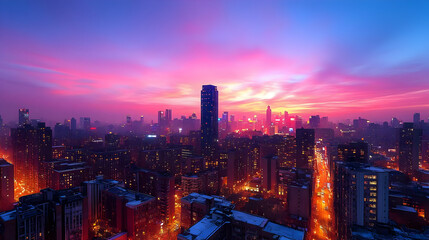 Fototapeta premium A panoramic view of a city skyline at sunset, with tall buildings, street lights, and a vibrant sky in shades of pink, orange, and purple.