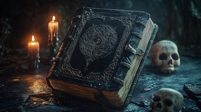 dark leather bound book with arcane symbols, open to reveal dark magic spells