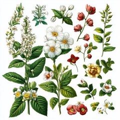 Obraz premium Botanical Illustration White Red and Yellow Flowers with Green Leaves