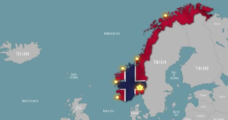 Map of Norway in the colors of national flag. The capital and major cities are marked.
