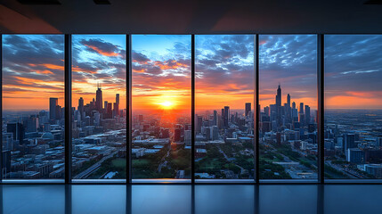A panoramic view of a city skyline during a vibrant sunrise, seen from a large window.