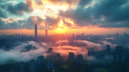 Obraz premium A panoramic view of a city skyline with a dramatic sunrise over a sea of clouds.