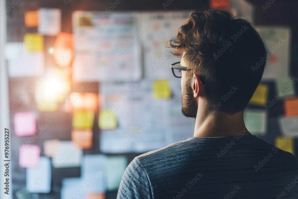 Poster man analyzing ideas on board with sticky notes in office background