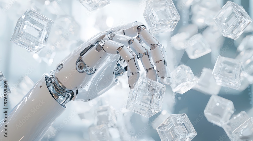 Poster futuristic robotic hand manipulating transparent cubes in advanced technology setting, generative ai
