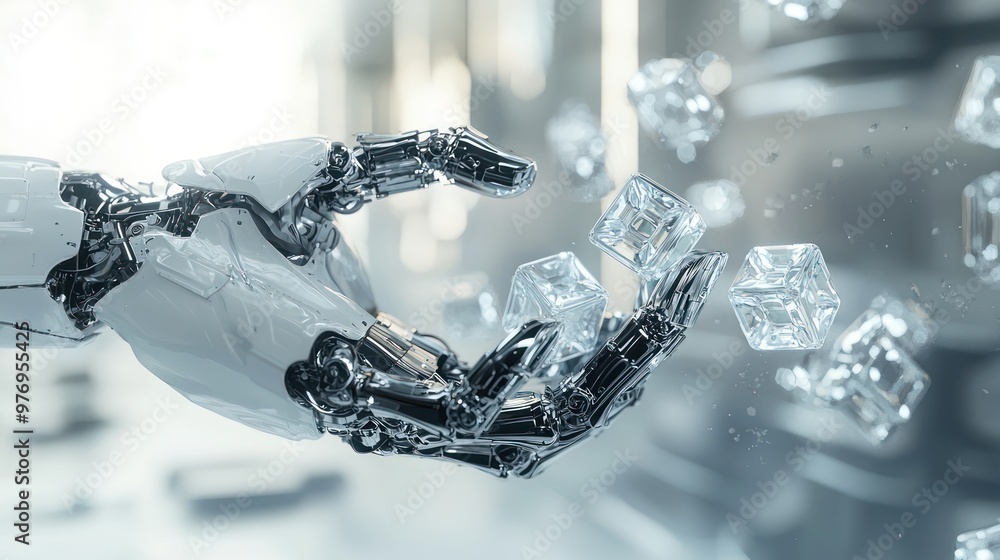 Poster futuristic robotic hand precision arranging transparent cubes in advanced technology setting, genera