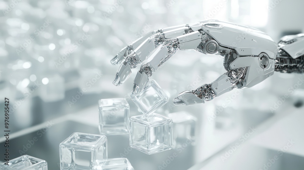 Poster futuristic robotic hand arranging transparent cubes in a modern tech lab, generative ai