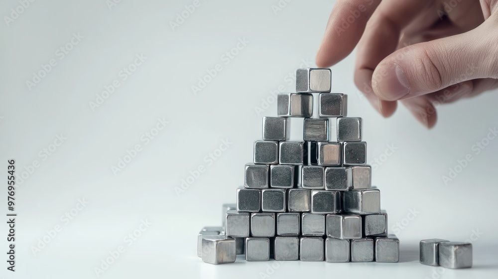 Poster futuristic hand assembling metallic cube tower in high-tech setting, generative ai
