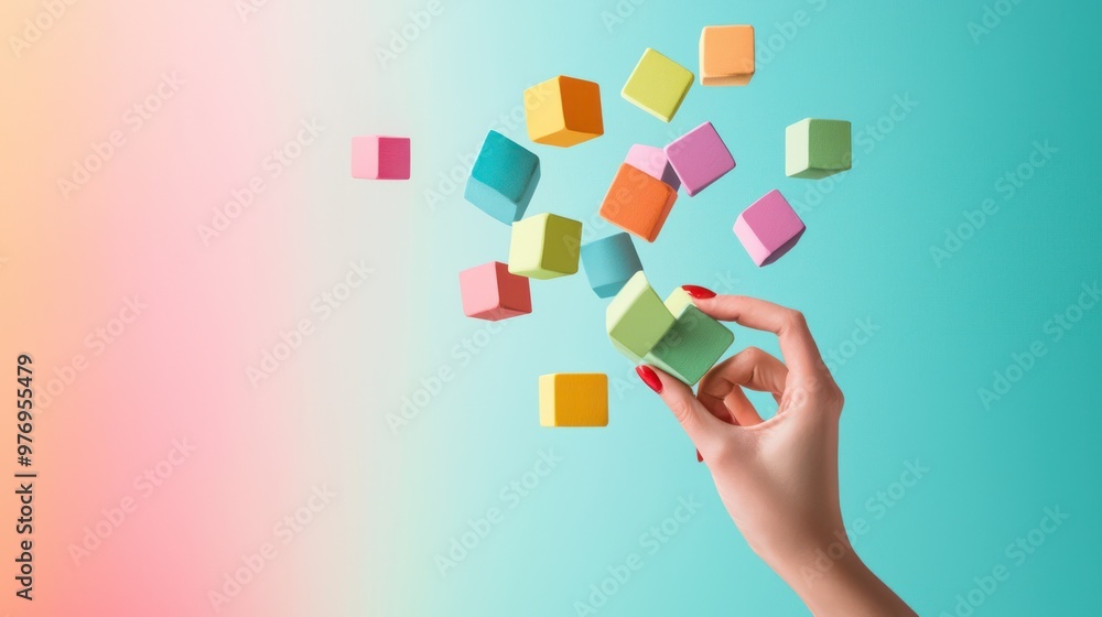 Poster creating harmony: abstract hand placing cubes in perfect balance on vibrant background, generative a