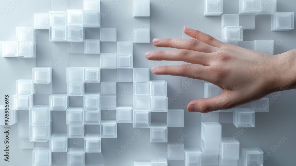 Aufkleber abstract geometric art - hand arranging translucent cubes in intricate pattern, generative ai