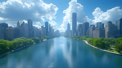 Obraz premium A panoramic view of a city skyline with a river in the foreground, reflecting the blue sky and fluffy white clouds.