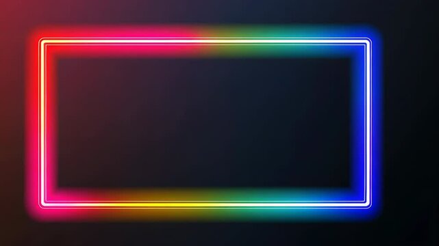 Colorful neon rectangle frame on dark background, glowing rainbow border, vibrant abstract light design for nightlife or technology concept