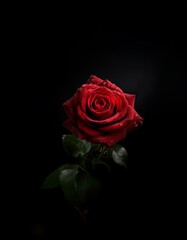 Fototapeta premium A single red rose with water droplets on its petals, isolated against a black background.