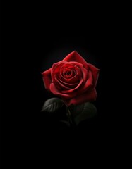 A single, crimson rose blooms against a dark background, its petals unfurling in soft light.