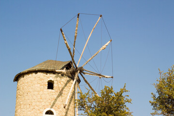 A restored, three hundred and fifty year old windmill from the 18th century in Izmir of Turkey