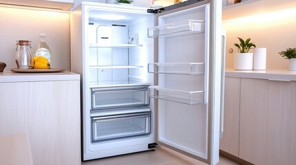 Fototapeta premium Empty Modern White Refrigerator with Open Door in Kitchen