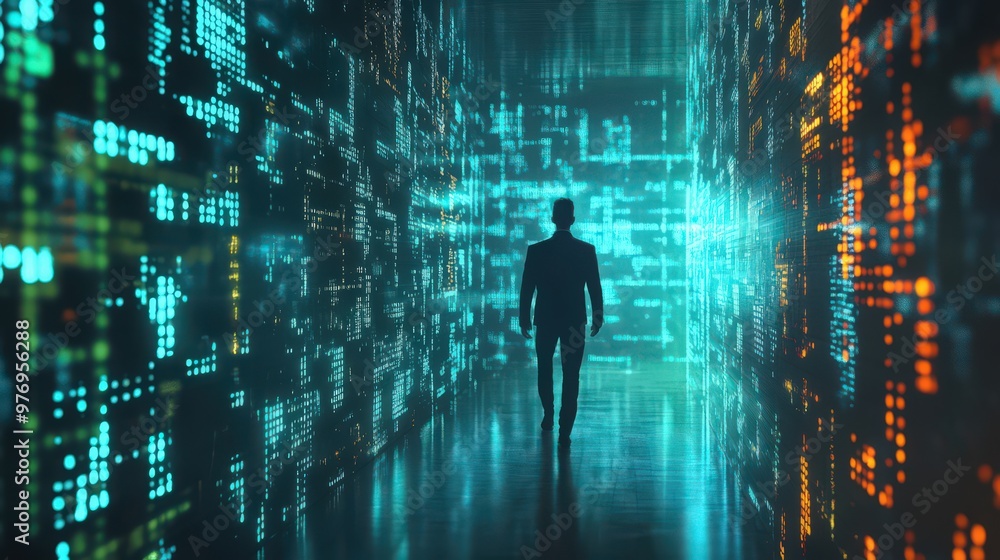 Poster ai-driven data science, combined with blockchain technology and data encryption, helps a businessman